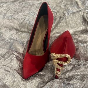 Red Satin Pointed-Toe Heels with Gold Snake Wrap Heel